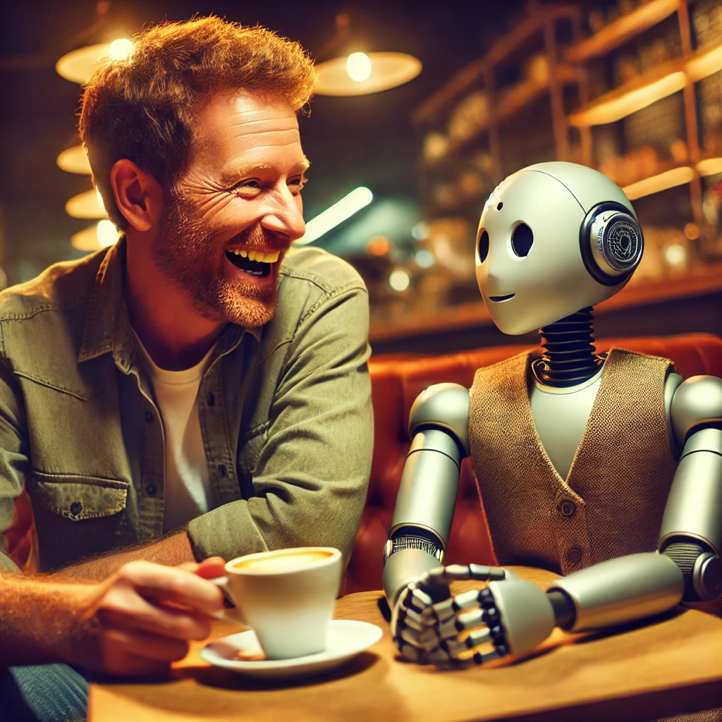 KI-generert bilde av Jørgen som prater med en robot ved et kaffebord